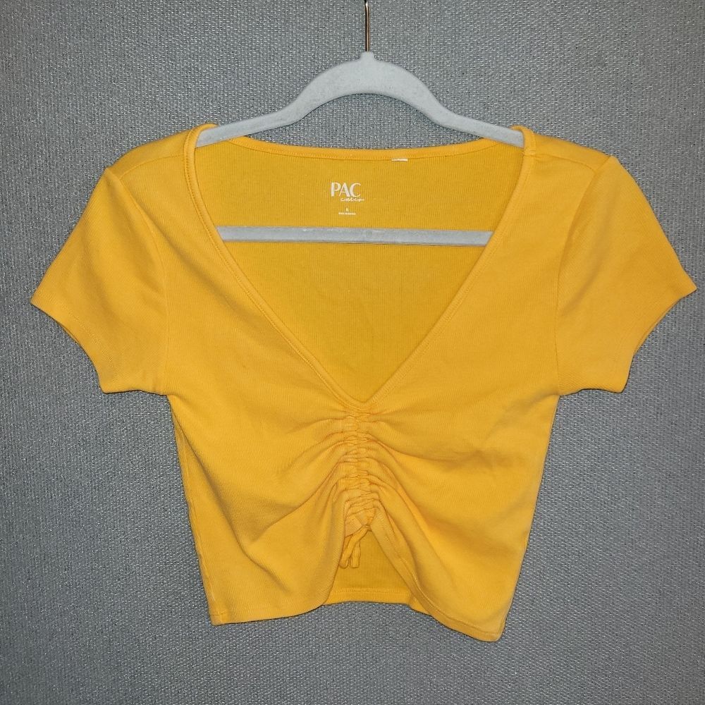 PAC Cares Size Small Yellow Ruched V-Neck Cropped Shortsleeve Tee Shirt